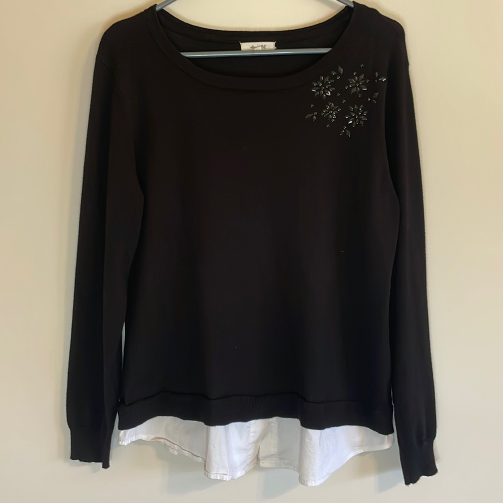Olive And June Womens Large Black Sweater with Flower Embellishments